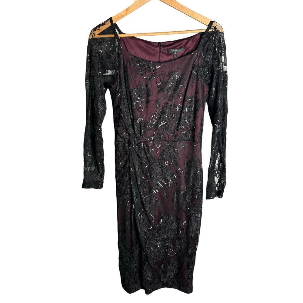 David Meister Sequin Lace Sheath Dress Black / Maroon Size 6